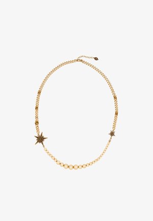 Collana in tonalità oro con un design a catena, centrata da una fila di perline rotonde alternate e un accento a forma di stella su un lato.