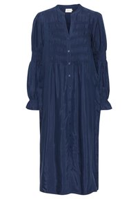 Abito midi blu navy realizzato in tessuto morbido, con chiusura frontale a bottoni, corpetto arricciato e maniche a sbuffo con polsini elasticizzati.