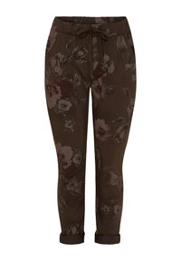 Bruna byxor med blommönster i avslappnad passform, elastisk midja och justerbar dragsko. Vidd vid benen och texturerad tygdetalj.
