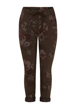 Brune blomsterprint bukser med afslappet pasform, elastisk talje og justerbar snøre. Manchetter ved buksebenene og tekstureret stofdetalje.