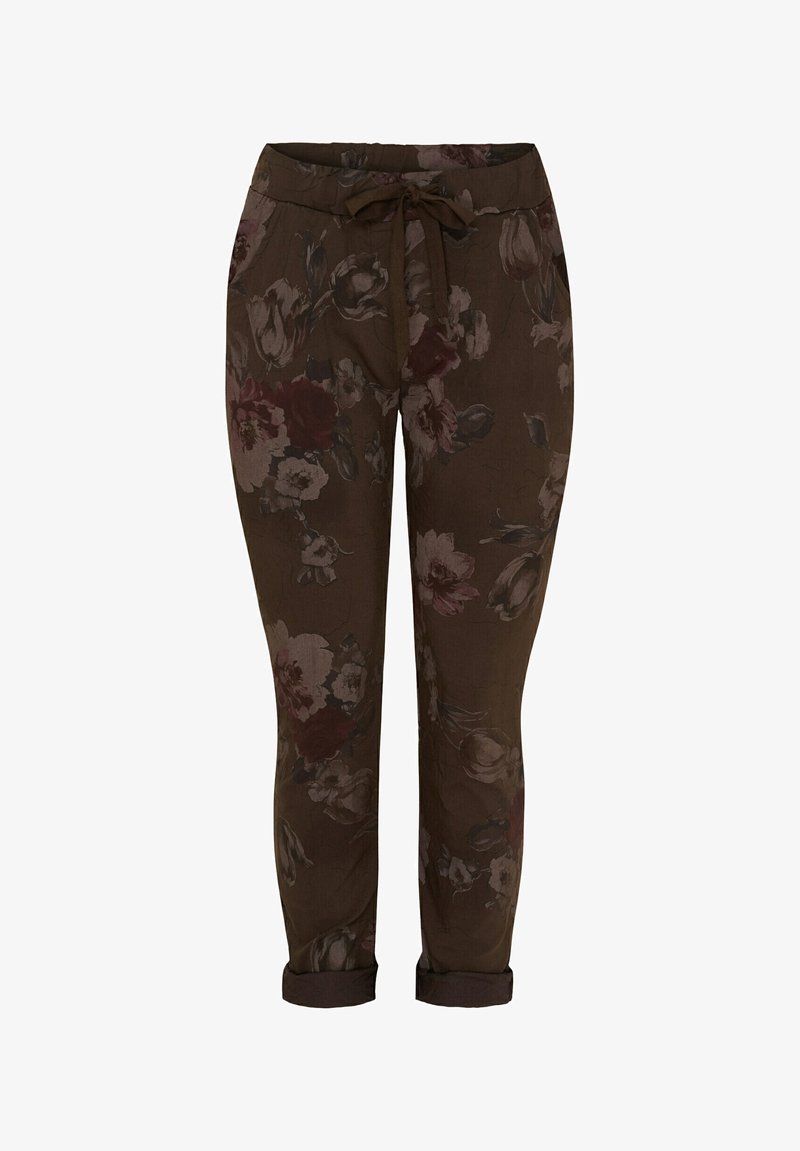 Bruna byxor med blommönster i avslappnad passform, elastisk midja och justerbar dragsko. Vidd vid benen och texturerad tygdetalj.