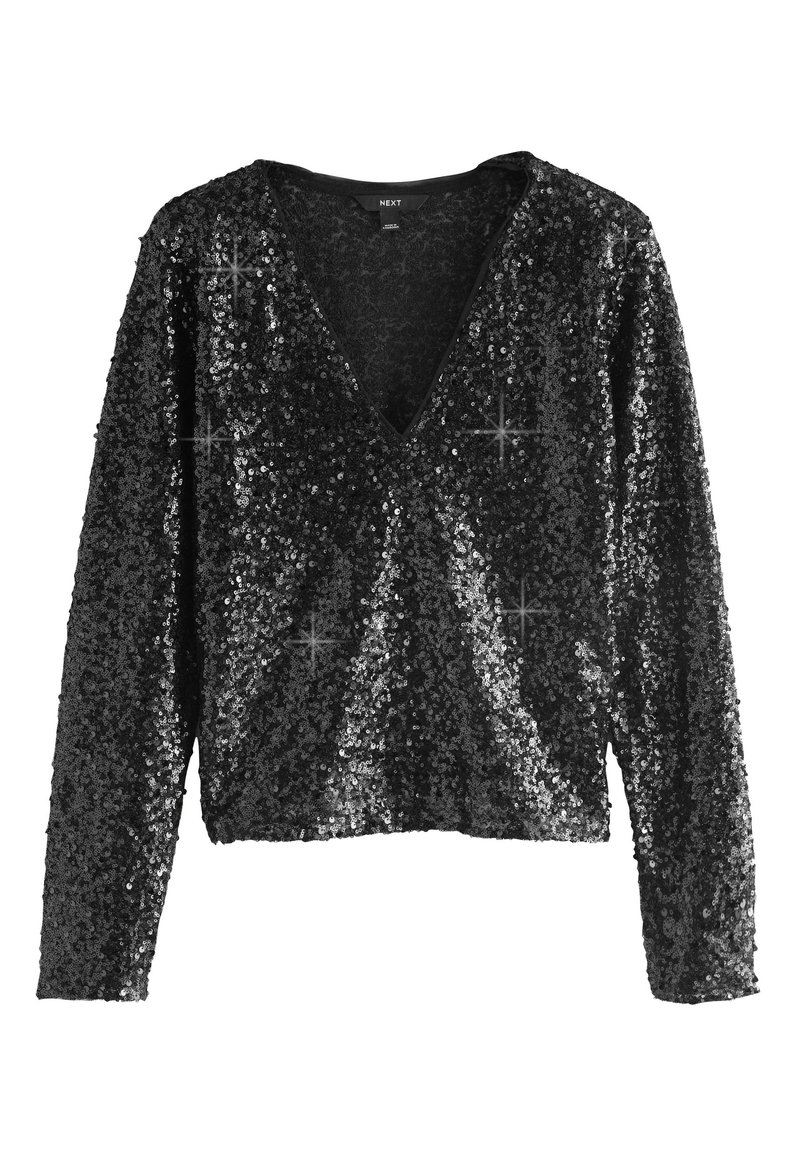 Schwarzes langärmliges Oberteil mit tiefem V-Ausschnitt, bedeckt mit schimmernden Pailletten, mit lockerem Schnitt und kurzem Saum.