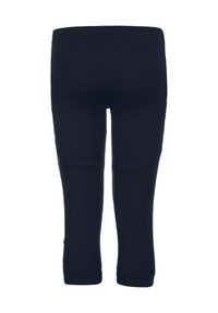 Leggings neri realizzati in tessuto elasticizzato, caratterizzati da un design aderente e una lunghezza cropped. Texture liscia senza motivi o dettagli visibili.