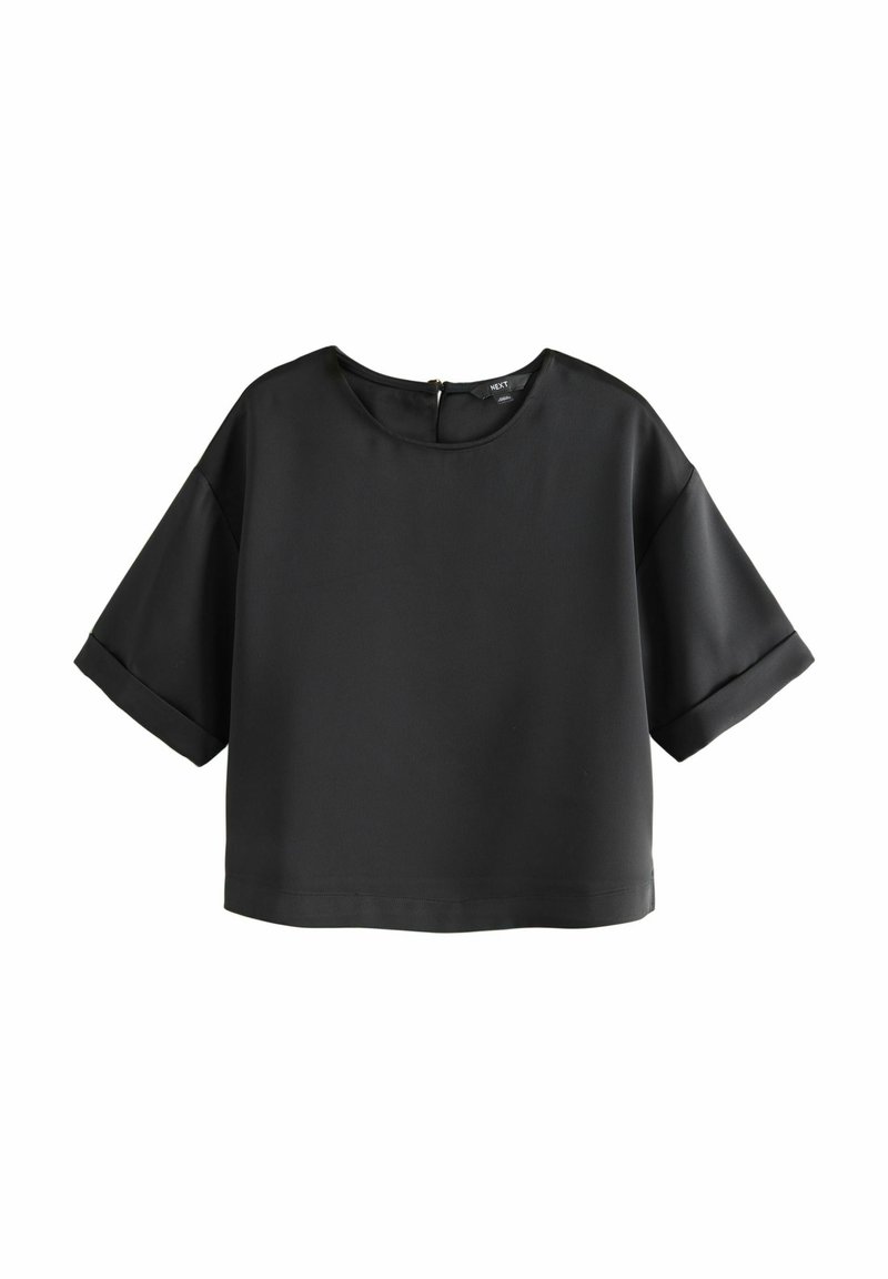 Sort kortærmet cropped bluse med rund halsudskæring og opsmøgede ærmer, med lynlås i ryggen.