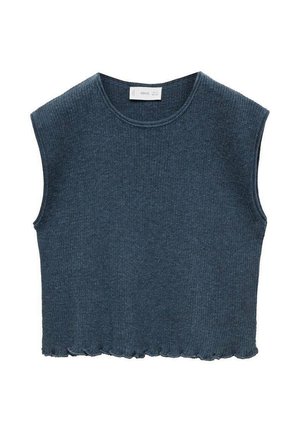 Top corto senza maniche di colore blu scuro realizzato in tessuto a costine, con scollatura tonda e orlo grezzo.