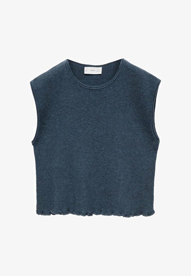 Temno modra brezrokavna kratka majica iz rebrastega blaga, ki se ponaša z zaobljenim ovratnikom in surovim robom.