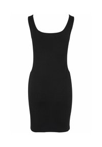 Juoda juostuota tankų suknelė su apvaliu iškirpimu, prigludusia siluetu ir trumpomis rankovėmis, pagaminta iš tampraus audinio. Klasikinis dizainas.