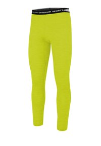 Neon-gelbe Sportleggings mit schwarzem Bund, beschriftet mit "OUTDOOR SPORTS", für Outdoor-Sportaktivitäten entworfen.