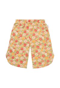 Shorts à imprimé floral avec une taille élastique, ornés de fleurs rouges, roses et orange sur un fond beige clair, en tissu léger.