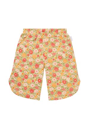 Shorts à imprimé floral avec une taille élastique, ornés de fleurs rouges, roses et orange sur un fond beige clair, en tissu léger.
