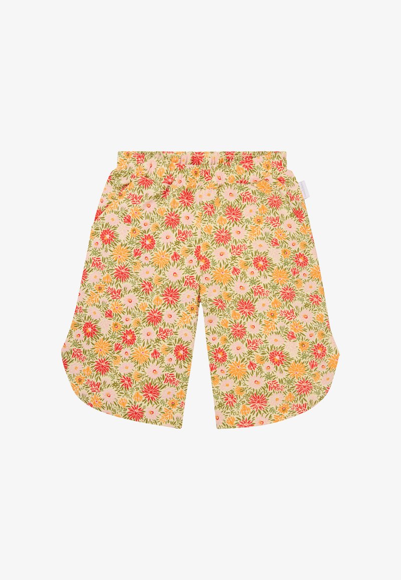 Floral print shorts with an elastic waistband, featuring red, pink, and orange flowers on a light beige background, made of lightweight fabric.