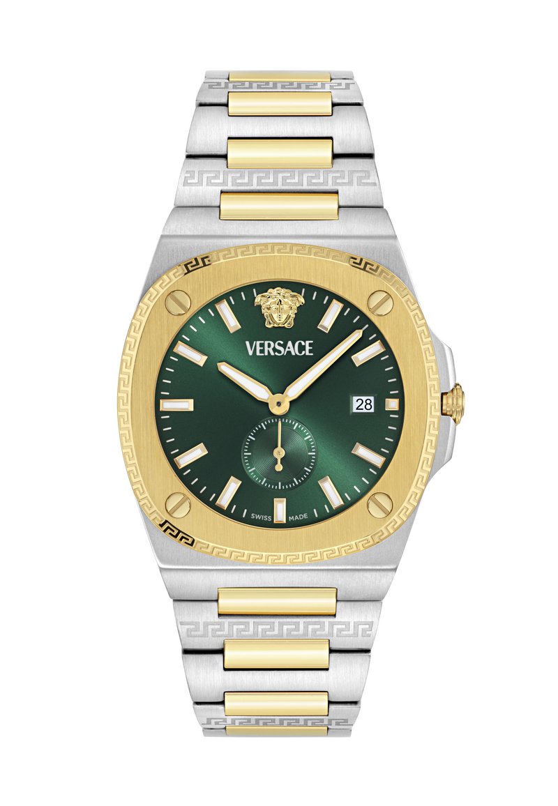 Orologio Versace con quadrante verde, lunetta dorata, bracciale in acciaio inossidabile argento e oro, e un sottodial con display della data.