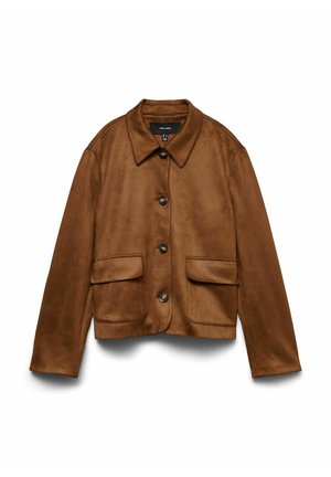 Brūna mākslīgā zamšāda jaka ar apkakli, priekšējām pogām un divām lielām flapskabām kabatām. Raksturo gluda tekstūra un vaļīgs piegriezums.