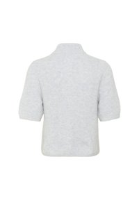 Heledanehallid, lühikeste varrukatega pullover-sweater, millel on reljeefne, sooneline disain ja kõrge krae. Pehme kangas. Kuvatud tagapool.