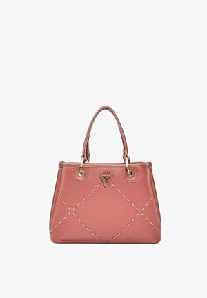 Borsa a mano rettangolare in pelle rosa con motivo a diamante cucito, logo triangolare dorato e due manici superiori.