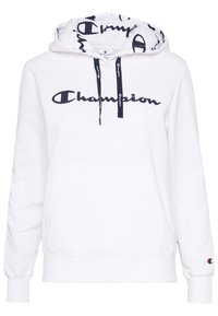 Felpa bianca con un grande logo "Champion" in blu navy. Presenta una fodera a motivi nel cappuccio, lacci e una tasca a marsupio frontale. Tessuto morbido.