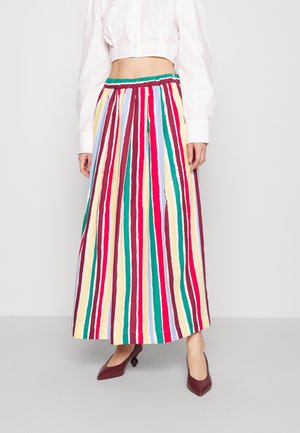 Maxi-rok met verticale strepen in rood, groen, geel en blauw. Heeft een gerimpelde tailleband en is gemaakt van lichtgewicht stof.