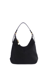 Bolso hobo negro con plisados, hecho de material sintético, que cuenta con un asa curvada, herrajes en tono dorado y una superficie texturizada.