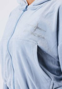 Felpa a zip di colore azzurro chiaro realizzata in tessuto morbido e peloso. Presenta un cappuccio, tasche frontali e un logo lucido sulla parte sinistra del petto.