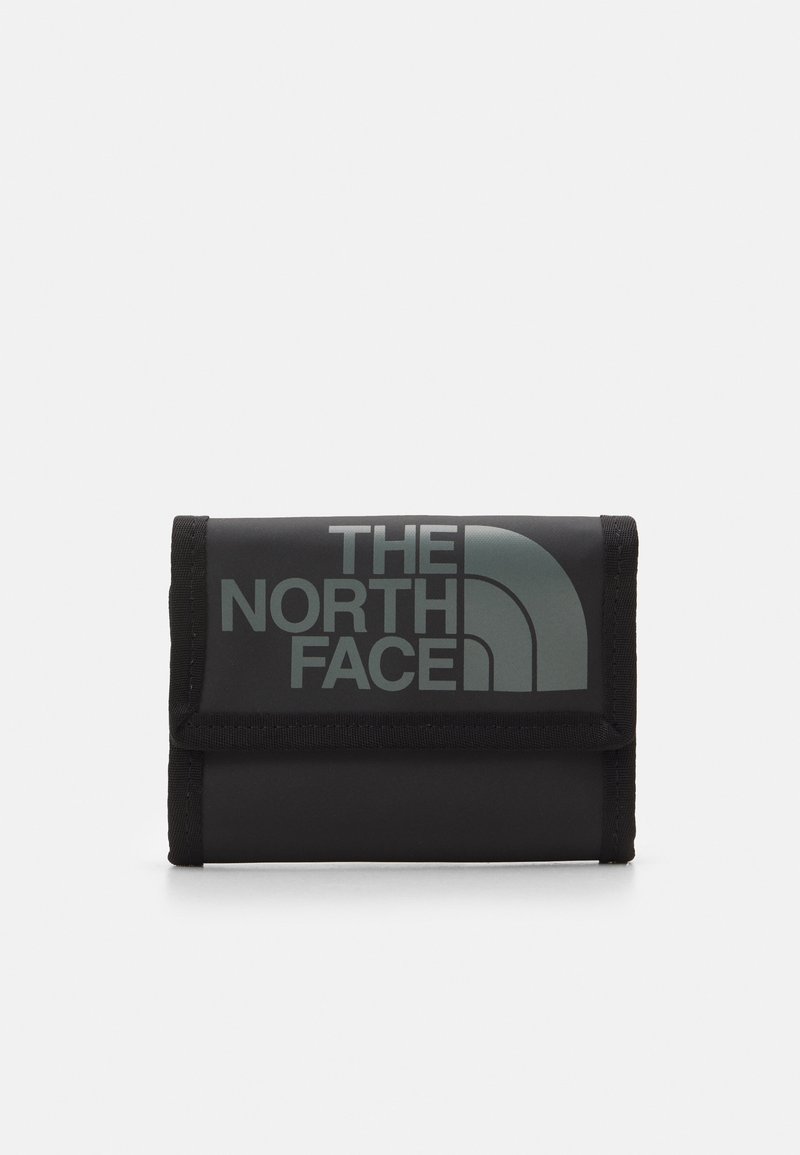 Black nylon wallet with a fold-over design, featuring a large gray logo on the front, and black stitched edges for durability.