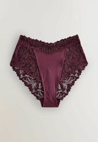Purple lace women's bikini underwear with floral patterns and scalloped edges on a plain light background.