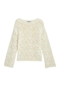 Vitt stickat tröja med lös passform, med ett diamantspetsmönster, vida ärmar och rundad halsringning. Texturerad öppenvävsdesign.