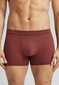 Męskie bokserki w kolorze bordowym, elastyczny materiał, dopasowany krój, gładka tekstura, średni stan, z wypukłym krokiem i detalami ściegów.