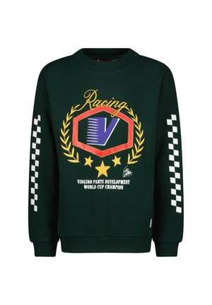 Ciemnozielona bluza wyścigowa z kratkowymi białymi paskami na rękawach, żółtym wieńcem laurowym, gwiazdkami oraz napisem "Vingino Parts Development World Cup Champion".