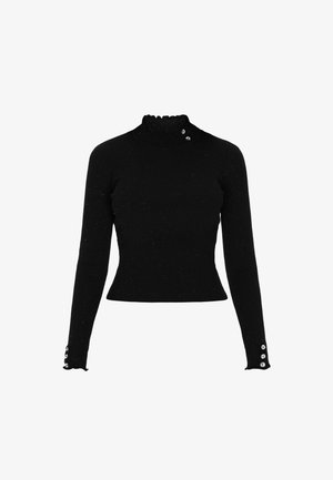 Czarna, prążkowana bluzka z długim rękawem, z wysokim kołnierzem, falbankami i trzema dekoracyjnymi guzikami przy mankietach. Całość zdobiona błyszczącymi drobinkami.