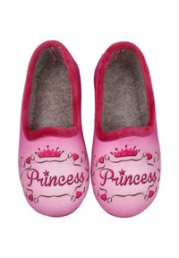 Zapatillas rosas con una textura suave, con la palabra "Princesa" en letras en relieve, rodeada de diseños de coronas y corazones.