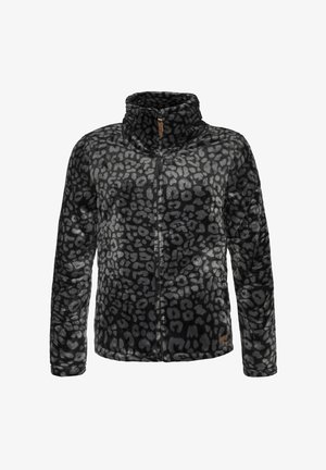 Zwarte bontjas met een hoge kraag, voorzien van een luipaardprint in grijstinten en een rits aan de voorkant. Zachte textuur en ontspannen pasvorm.