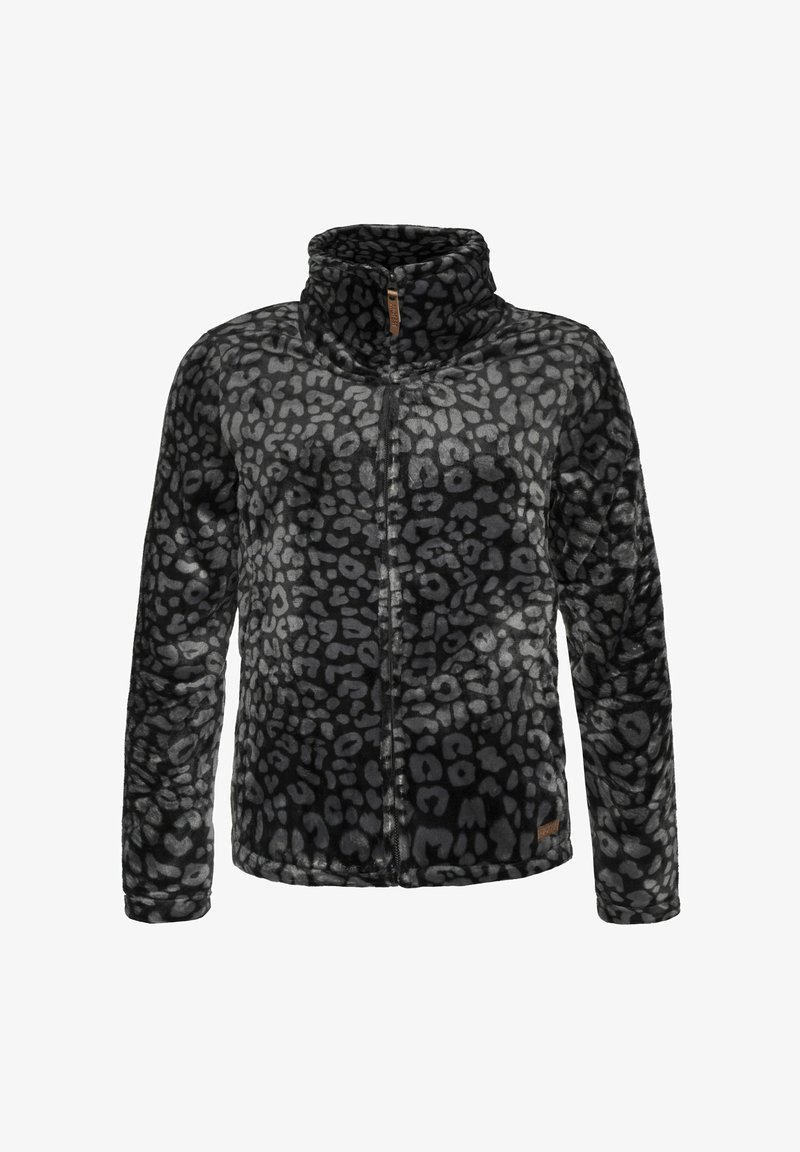 Zwarte bontjas met een hoge kraag, voorzien van een luipaardprint in grijstinten en een rits aan de voorkant. Zachte textuur en ontspannen pasvorm.