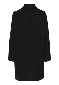 Manteau noir à manches longues avec une coupe droite et un large col, vu de dos sur fond blanc.