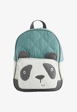 Piccolo zaino turchese con tasca frontale progettata come un volto di panda con orecchie, occhi e dettagli del naso grigi.
