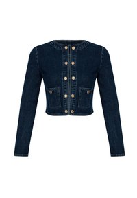 Veste en denim bleu foncé raccourcie, manches longues, col rond, boutons dorés à l'avant et deux poches avant avec détails de boutons.