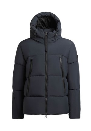 Marinblå pufferjacka med högt krage, flera fickor med dragkedja fram och en slät, texturerad yta. Har en huva.