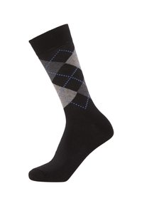 Black sock with an argyle pattern in shades of gray, featuring blue diamond accents. Made from stretchy material, designed for comfort.