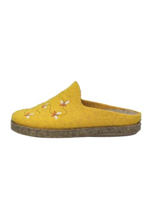 Yellow felt slipper with floral embroidery in white and pink, featuring a natural textured sole and a rounded open back design.