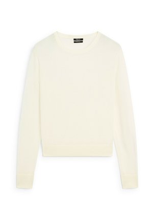 Pull long-sleeve de couleur crème en tissu tricoté doux. Il a un col rond, des poignets côtelés et un ourlet court.