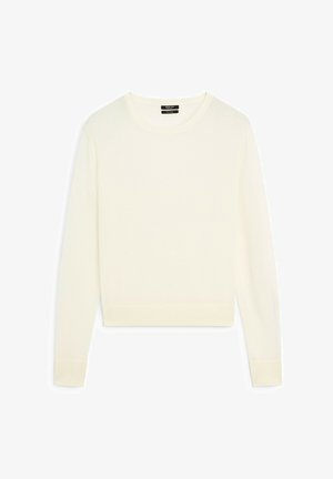 Sahnigfarbener Pullover mit langen Ärmeln aus weichem Strickstoff. Mit runder Halslinie, gerippten Bündchen und einem verkürzten Saum.