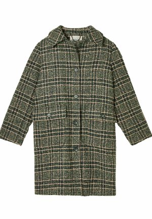 Karierter Mantel in Grün, Creme und Marineblau. Hergestellt aus strukturierter Stoff mit einem Kragen und Knöpfen an der Vorderseite. Verfügt über seitliche Taschen.