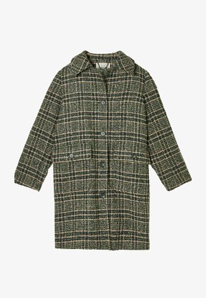 Checked coat in green, cream, and navy. Made of textured fabric with a collared neckline and buttons down the front. Features side pockets.