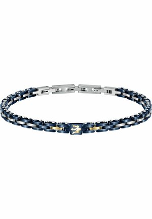 Armband med sammanlänkade marinblå och silver länkar, med en guldaccent som har ett detaljerat emblem. Slät metallisk yta, rektangulär lås.