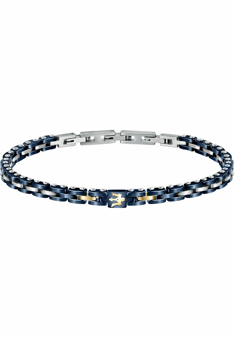 Armband med sammanlänkade marinblå och silver länkar, med en guldaccent som har ett detaljerat emblem. Slät metallisk yta, rektangulär lås.