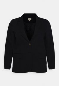 Blazer nero con rever a punta, chiusura con un bottone, due tasche frontali e trama del tessuto liscia. Taglio classico e design su misura.