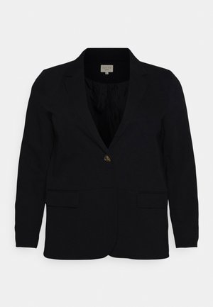 Blazer noir avec revers crantés, fermeture à un bouton, deux poches avant et texture de tissu lisse. Coupe classique et design ajusté.