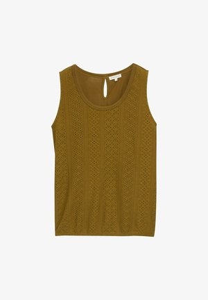 Olíva zöld ujjatlan felső, amely texturált mintával és kivágott dizájnokkal rendelkezik, hátul kulcslyuk záródással. Puha anyag és laza szabás.