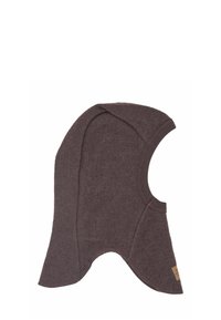 Balaclava tricotată de culoare maro, cu o formă aerodinamică. Prezintă linii curbe și o textură moale, având un eticheta țesută pe lateral.