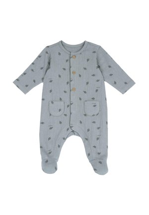 Romper per neonati in cotone grigio con maniche lunghe, bottoni frontali, due tasche e un piccolo motivo a foglie su tutta la superficie. Tessuto morbido e design con piedi.