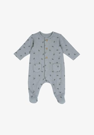 Romper en coton gris pour bébé avec des manches longues, des boutons sur le devant, deux poches et un petit motif de feuilles sur l'ensemble. Texture douce et design avec pieds.
